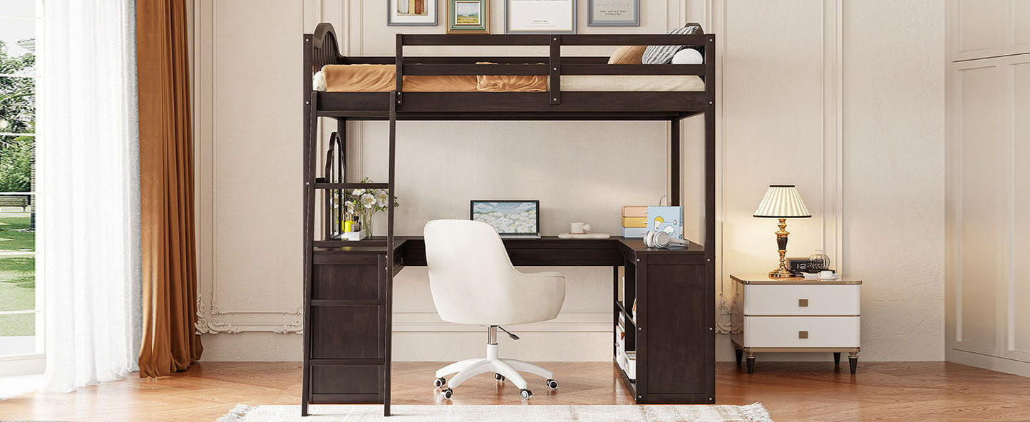 Full Loft Bed With U Shaped Desk, Storage Compartments And Tri Fold Mirror - Espresso