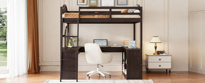 Full Loft Bed With U Shaped Desk, Storage Compartments And Tri Fold Mirror - Espresso