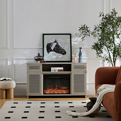 Modern Solid Wood Cabinet With Adjustable Shelves And Remote-Controlled Fireplace - Light Gray