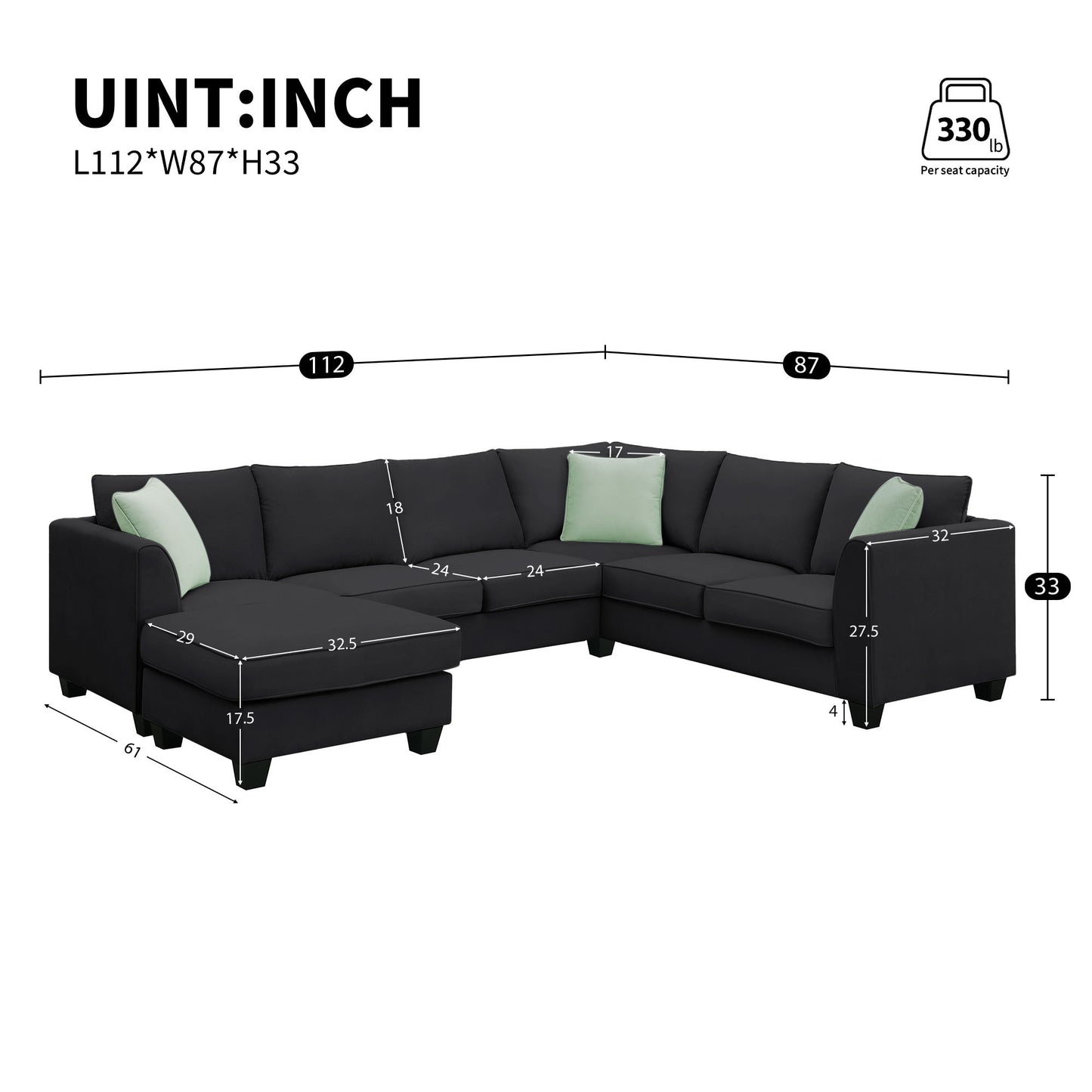 Sectional Sofa Couches Living Room Sets, 7 Seats Modular Sectional Sofa With Ottoman, L Shape Fabric Sofa Corner Couch Set With 3 Pillows - Black