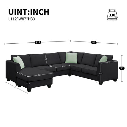 Sectional Sofa Couches Living Room Sets, 7 Seats Modular Sectional Sofa With Ottoman, L Shape Fabric Sofa Corner Couch Set With 3 Pillows - Black