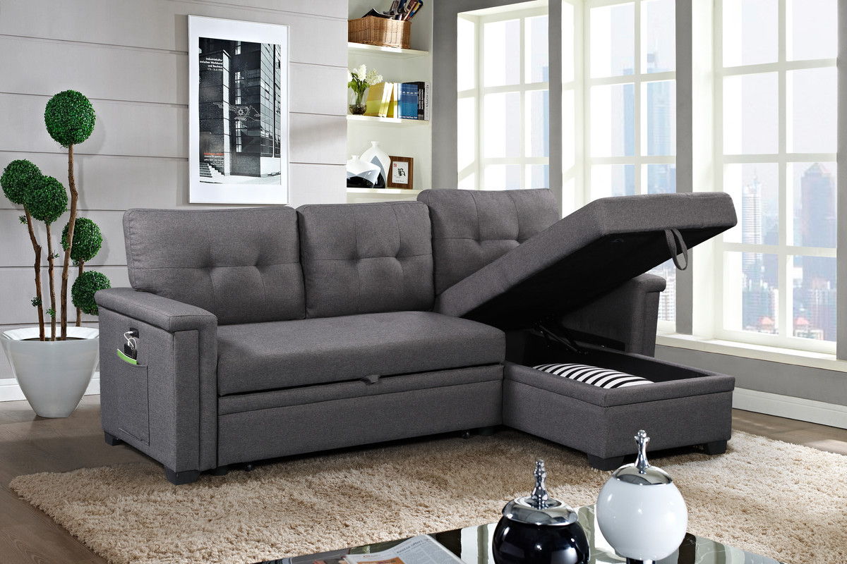 Ashlyn - Reversible Sleeper Sectional Sofa With Storage Chaise, USB Charging Ports nd Pocket - Dark Gray
