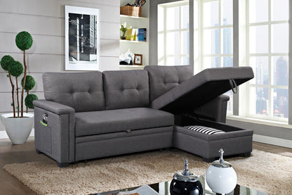 Ashlyn - Reversible Sleeper Sectional Sofa With Storage Chaise, USB Charging Ports nd Pocket - Dark Gray