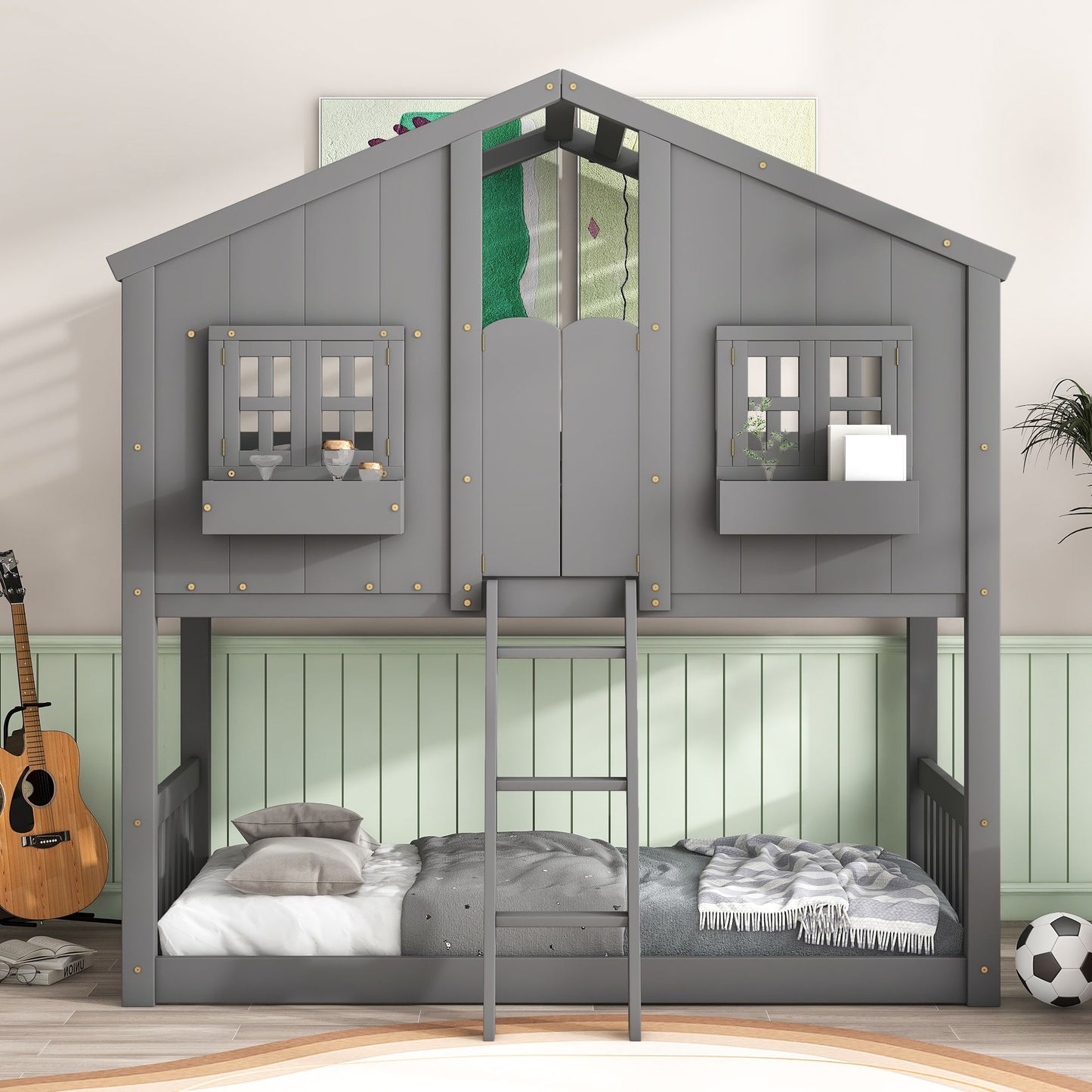 Twin Over Twin House Bunk Bed With Roof, Window, Window Box, Door, With Safety Guardrails And Ladder - Gray