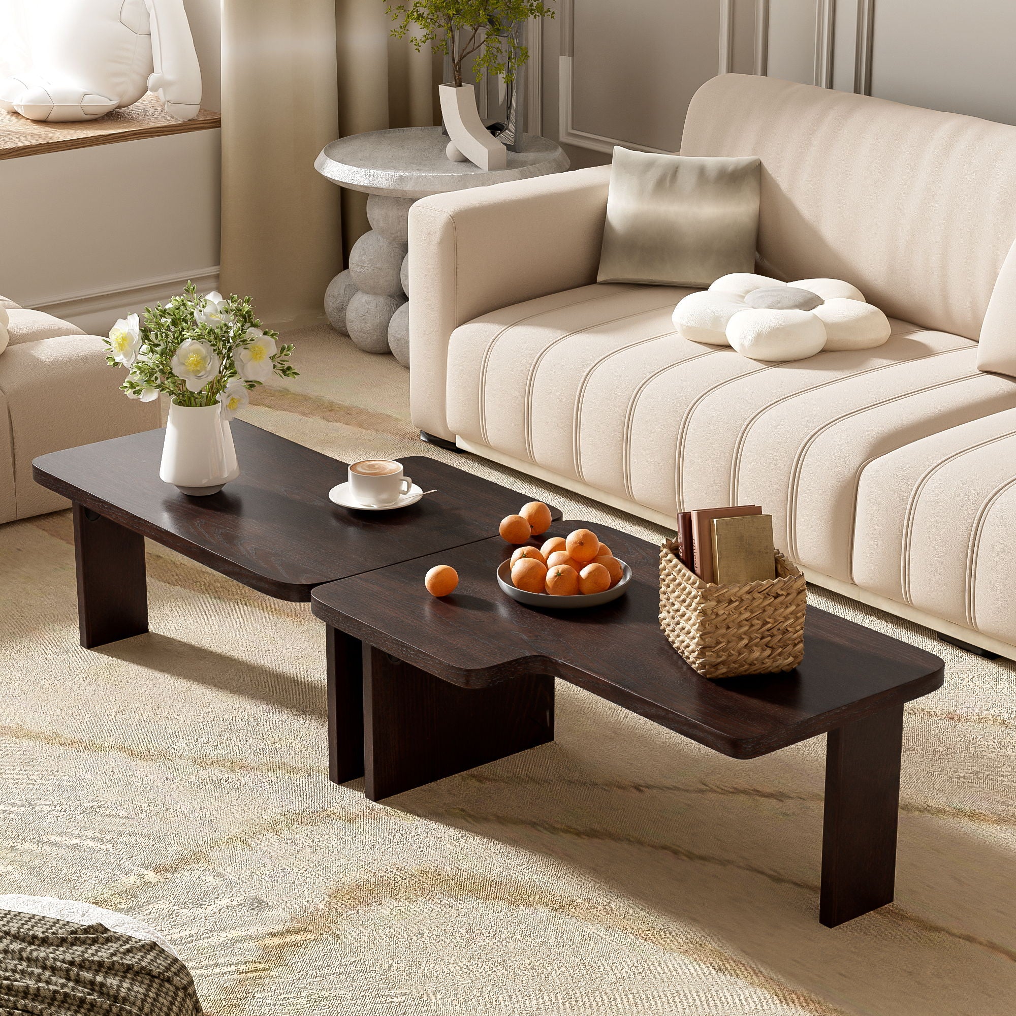 Modern Minimalist Coffee Table Set, Rectangle Coffee Table With Splicing Design, Multifunctional Combination Table For Living Room - Espresso
