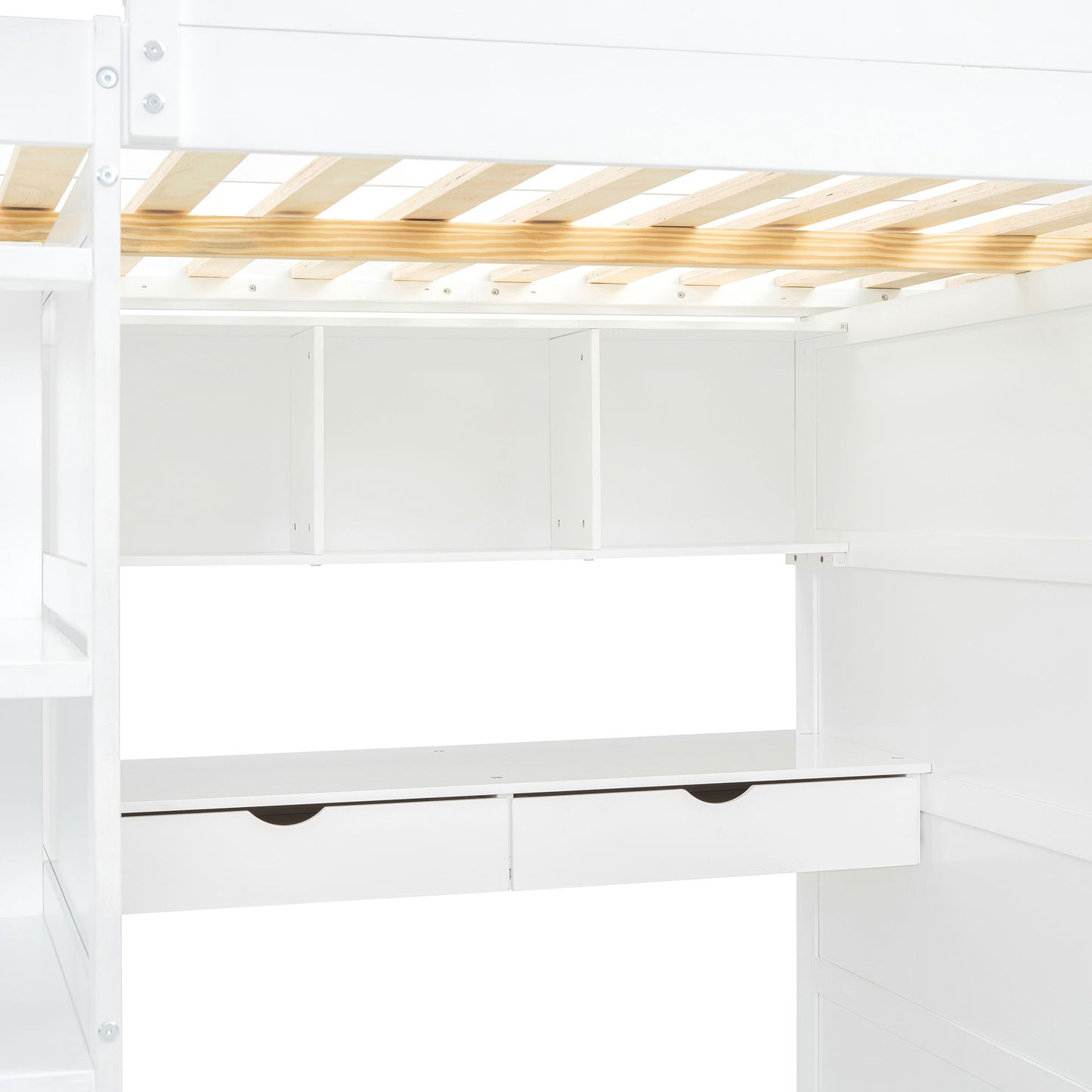 Full Size Loft Bed With Desk, Wardrobes, 4 Drawers And 4 Shelves - White