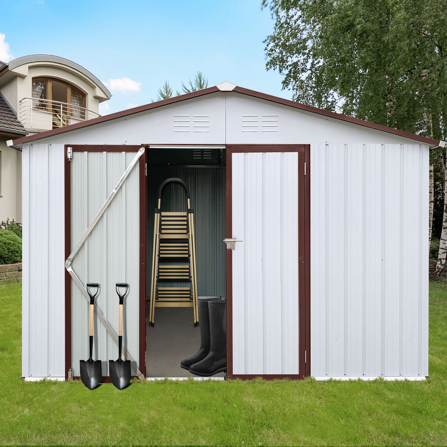 10'x12' Garden Sheds Outdoor Storage Sheds - White / Coffee