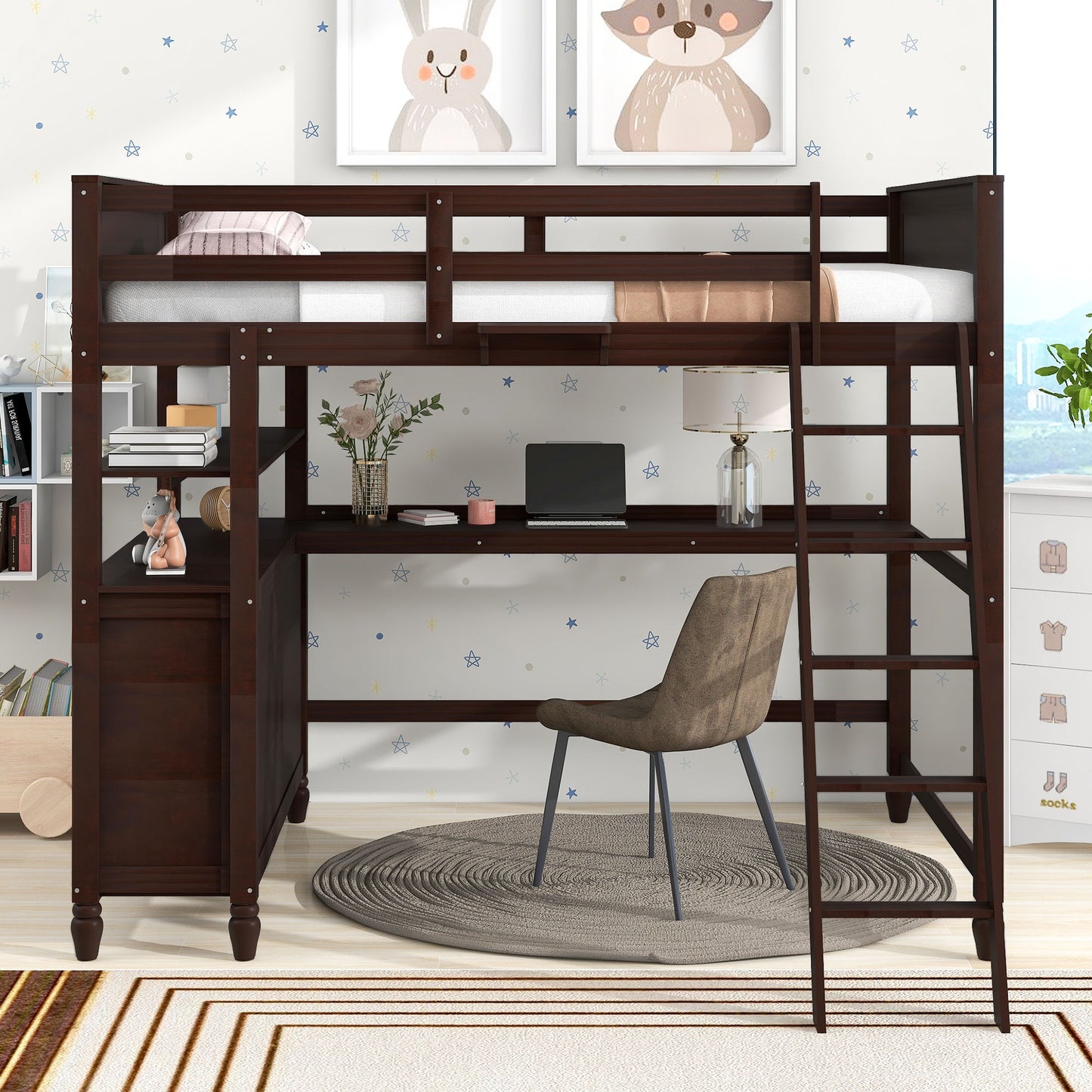 Full Size Loft Bed With Drawers And Desk With Shelves - Espresso