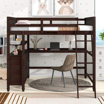Full Size Loft Bed With Drawers And Desk With Shelves - Espresso