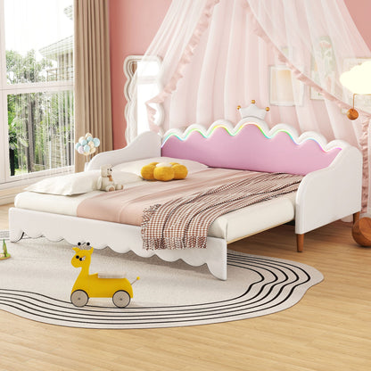 Twin Extending Daybed With LED Lights, Modern Upholstered Princess Daybed With Crown Headboard - White
