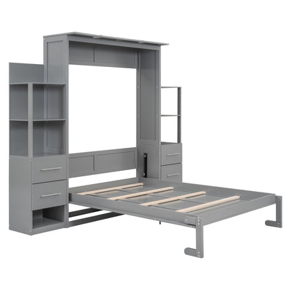 Full Size Murphy Wall Bed With Shelves, Drawers And LED Lights - Gray