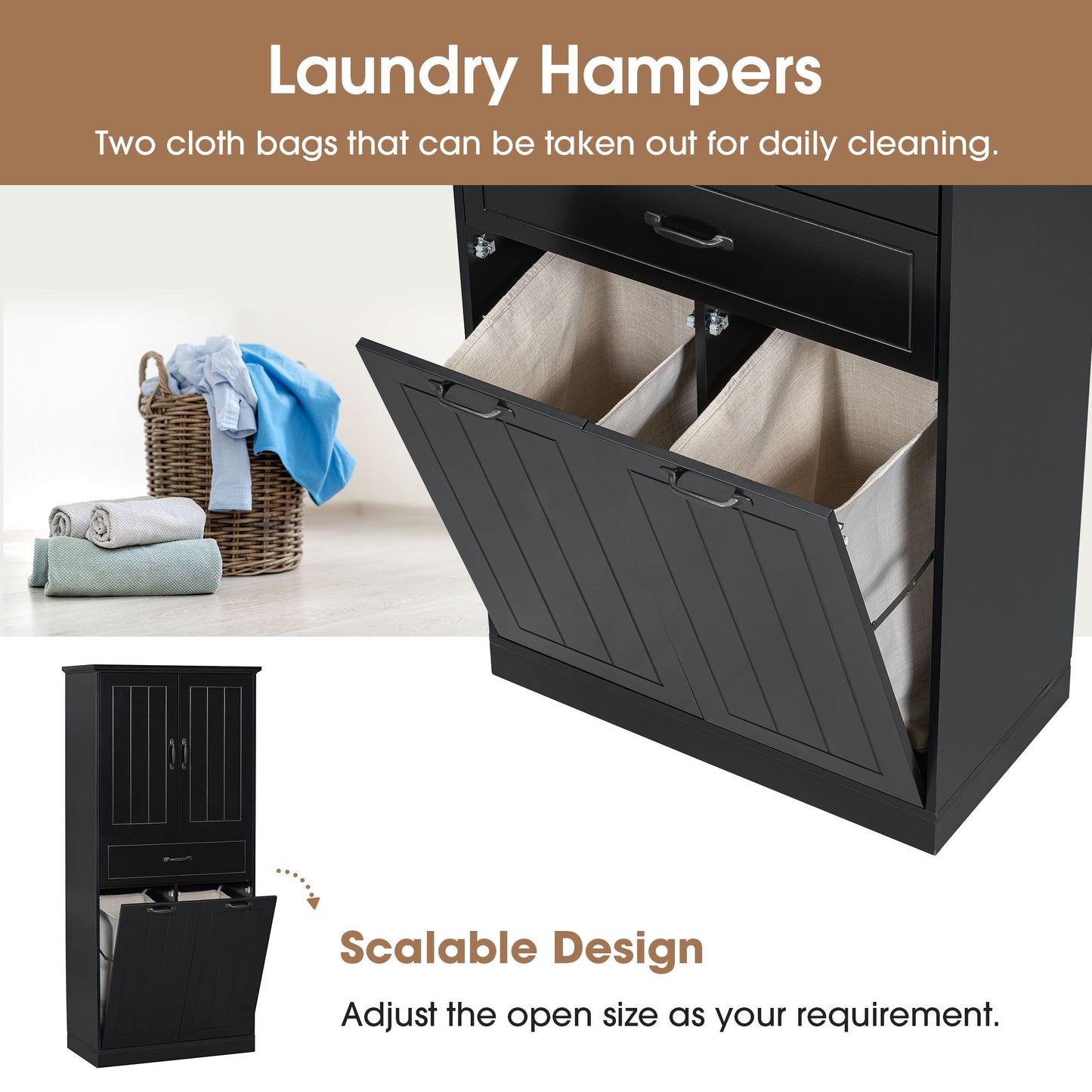 Stylish Bathroom Storage Cabinet With 2 Laundry Baskets And Drawer - Black