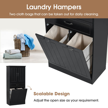 Stylish Bathroom Storage Cabinet With 2 Laundry Baskets And Drawer - Black