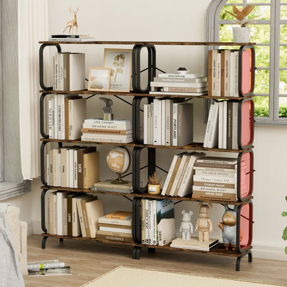 5 Tier Industrial Bookshelf, Rustic Brown Tall Bookcase With Open Wood & Metal Design, Vintage Storage Organizer - Black