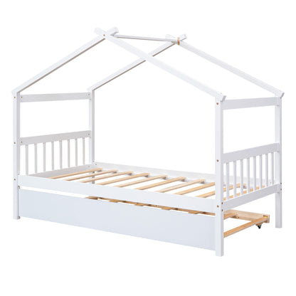 Twin Size House Bed With Twin Size Trundle - White