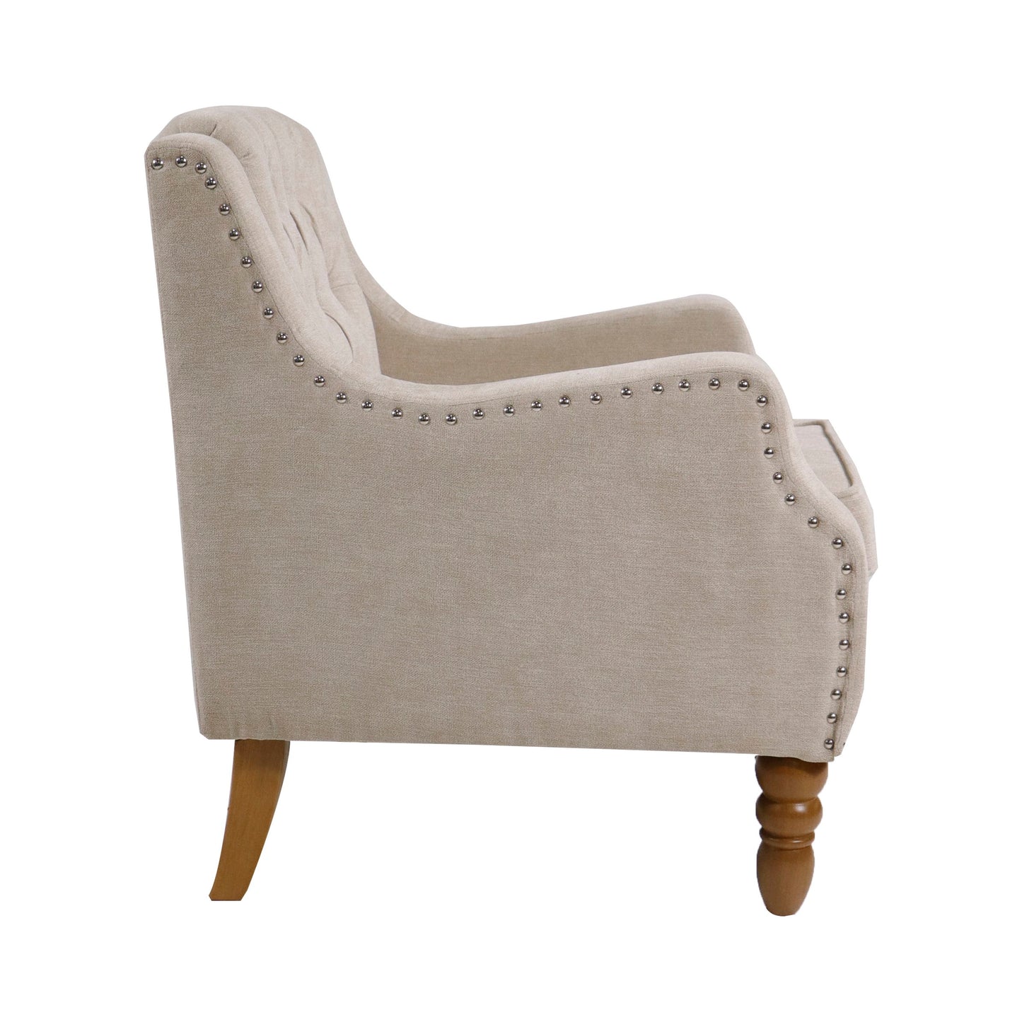 Accent Chair, Living Room Chair, Footrest Chair Set With Vintage Brass Studs, Button Tufted Upholstered Armchair For Living Room, Comfy Reading Chair For Bedroom, Reception Room - Beige