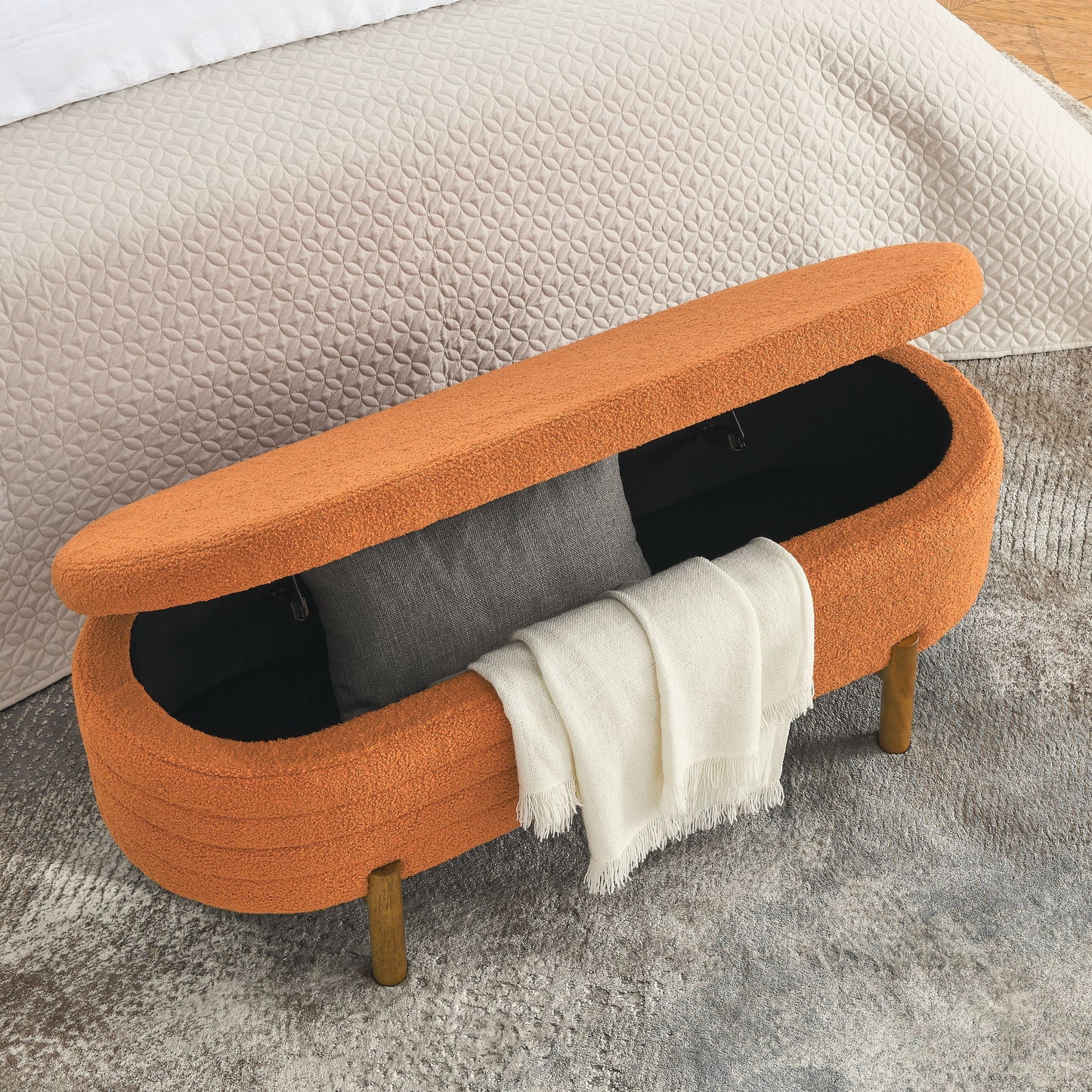 Stylish Ottoman Oval Storage Bench With Rubber Wood Legs - Orange