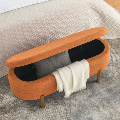Stylish Ottoman Oval Storage Bench With Rubber Wood Legs - Orange