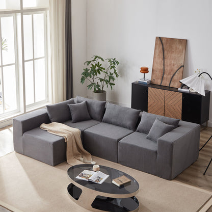 Corduroy Modular L Shaped Sectional Sofa, Luxury Floor Couch Set, 4 Piece Free Combination - Gray