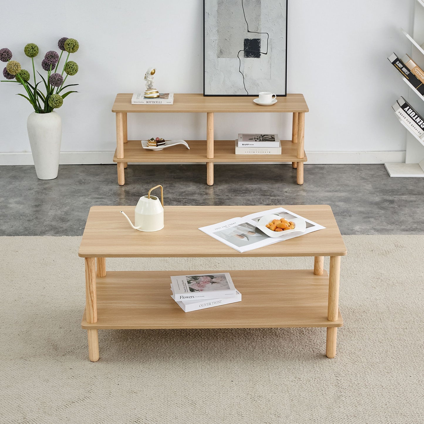 Modern 2 Tier Coffee Table For Living Room Furniture, Rectangular Center Table With Open Storage Shelf, Rounded Rubberwood Legs, Stable And Durable - Burly Wood