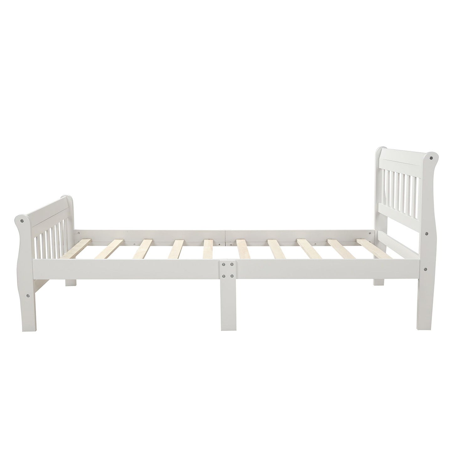 Twin Platform Bed, Mattress Foundation Sleigh Bed With Headboard, Footboard, Slat Support - White
