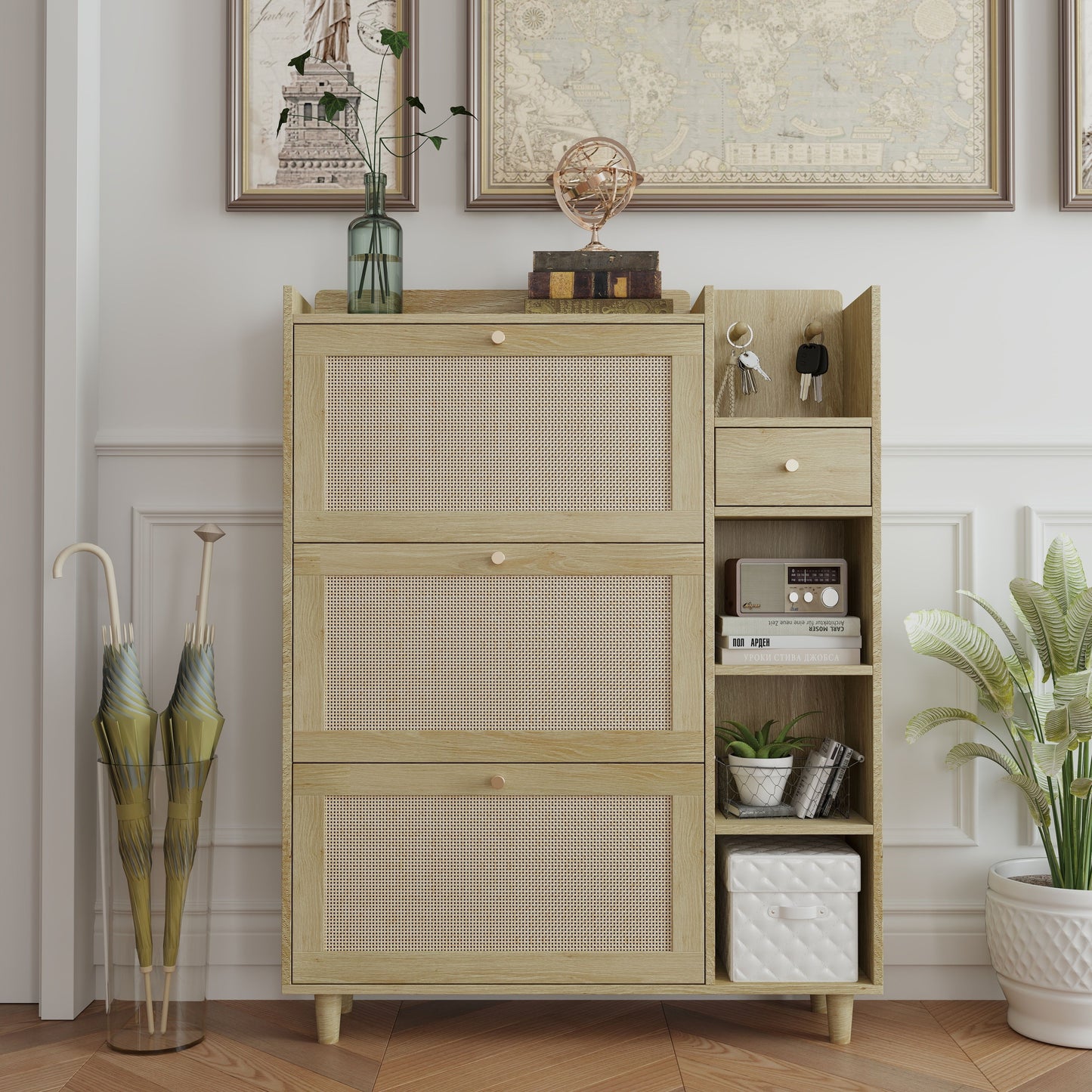 Natural Bohemia Style Shoe Cabinet, Shoe Rack Cabinet With 3 Rattan Flip Drawers, 3 Square Shelves And 1 Storage Drawer, Shoe Organizer With Mulit Storage Space And Hooks For Hallway, Entryway - Natural