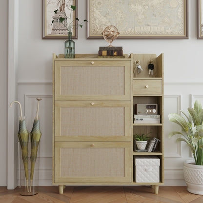 Natural Bohemia Style Shoe Cabinet, Shoe Rack Cabinet With 3 Rattan Flip Drawers, 3 Square Shelves And 1 Storage Drawer, Shoe Organizer With Mulit Storage Space And Hooks For Hallway, Entryway - Natural