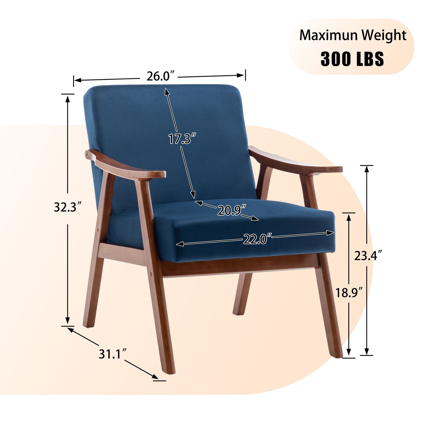 Mid Century Modern Wingback Accent Chair With Solid Wood Frame And Extra Thick Backrest - Lounge Chair For Living Room, Bedroom, Or Reading Room - Blue