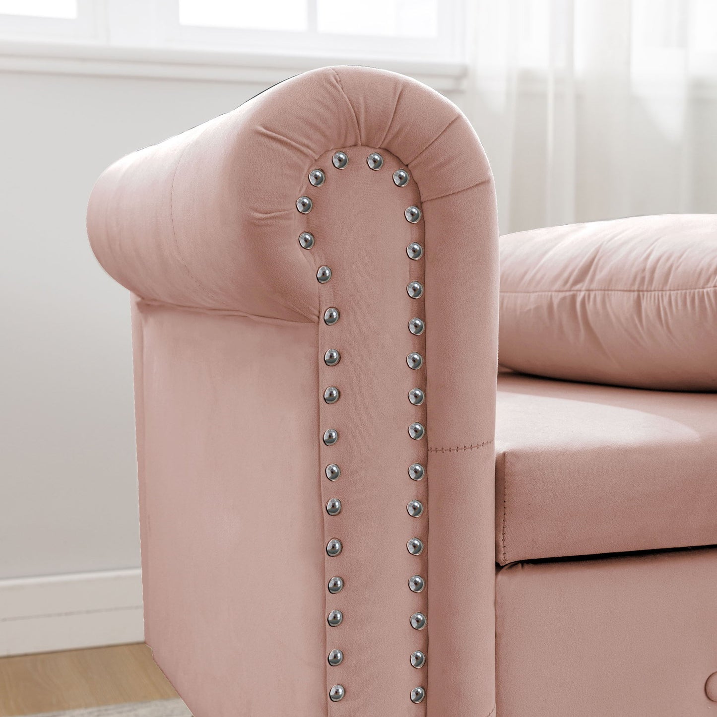 Chaise Lounge Indoor, Velvet Lounge Chair For Bedroom With Storage & Pillow, Modern Upholstered Rolled Arm Chase Lounge For Sleeping With Nailhead Trim For Living Room Bedroom Office - Pink