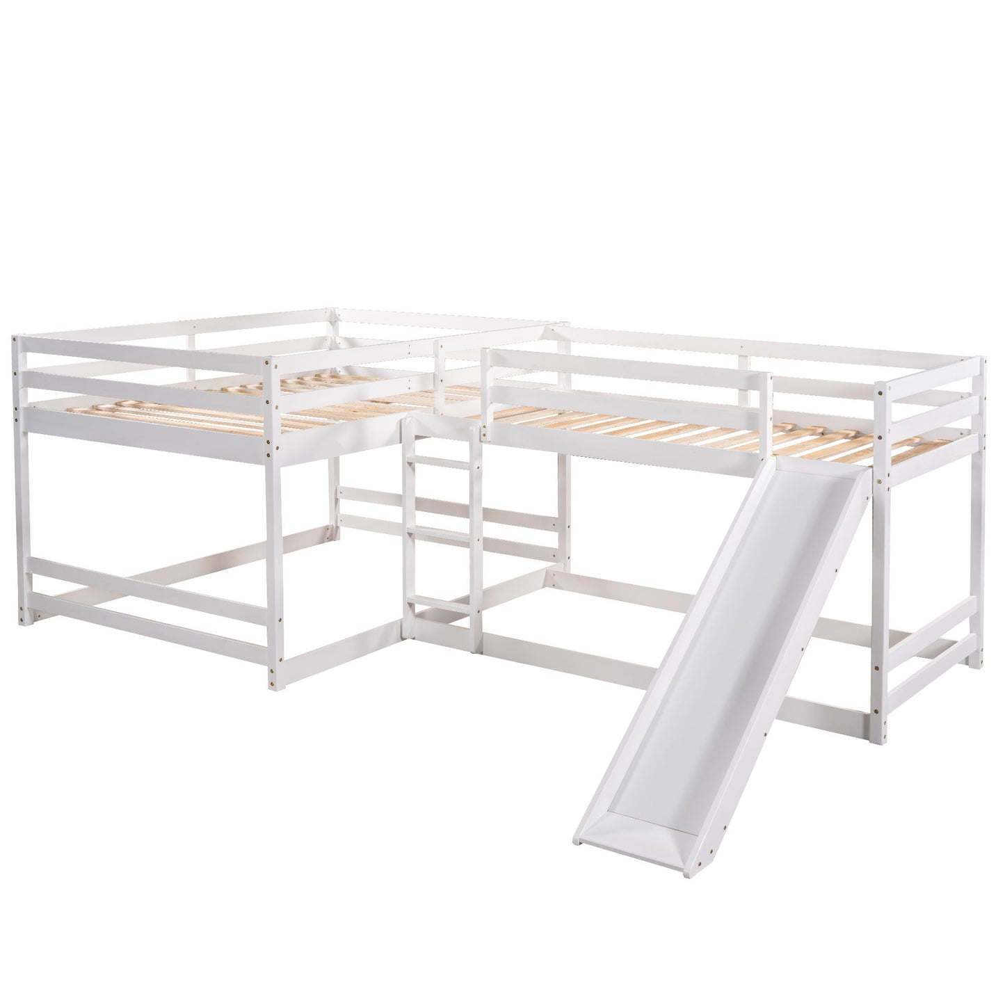 Full And Twin Size L-Shaped Bunk Bed With Slide And Short Ladder - White
