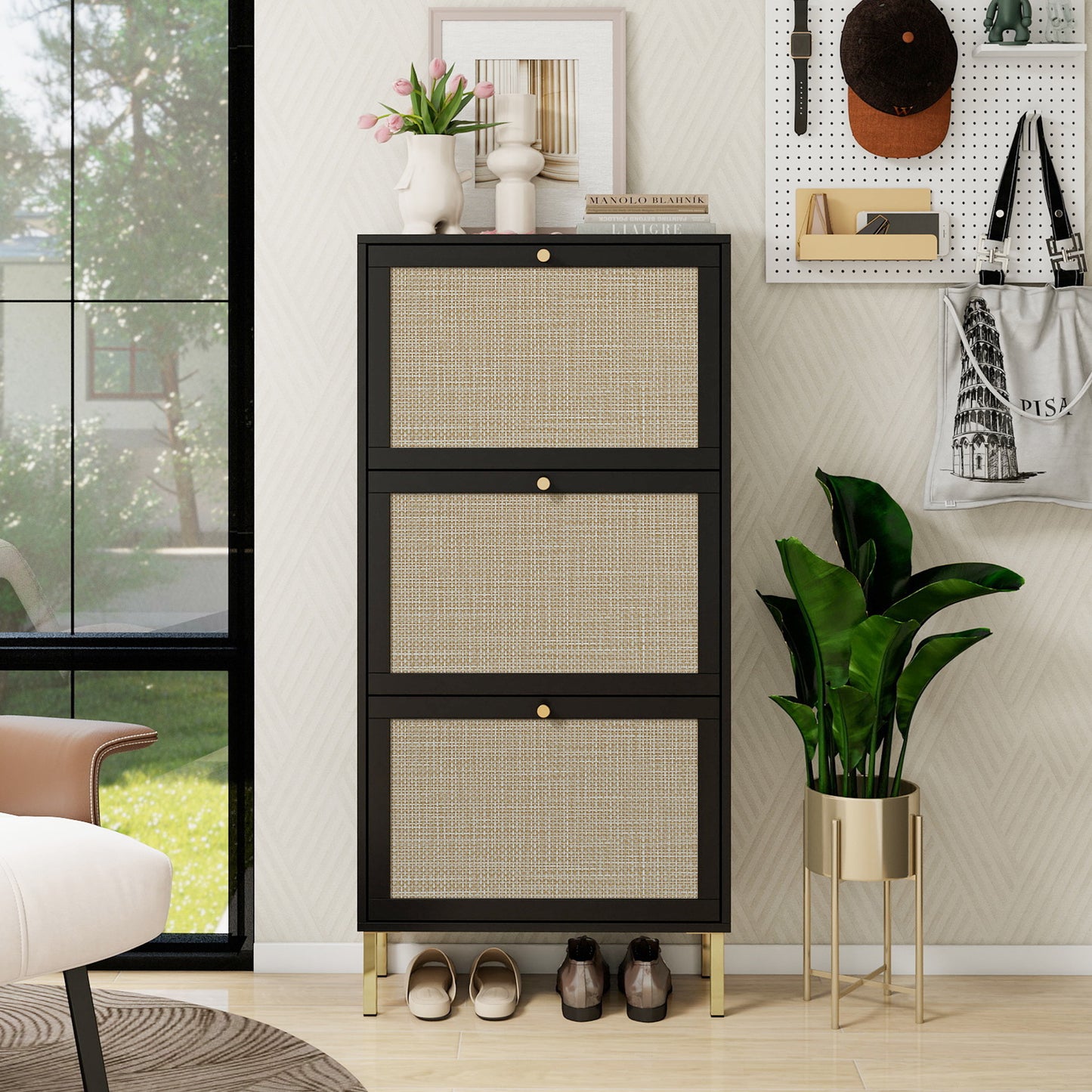 Modern Rattan 3 Door Shoe Rack Cabinet For Entryway Freestanding Black Storage Unit In Particle Board - Black
