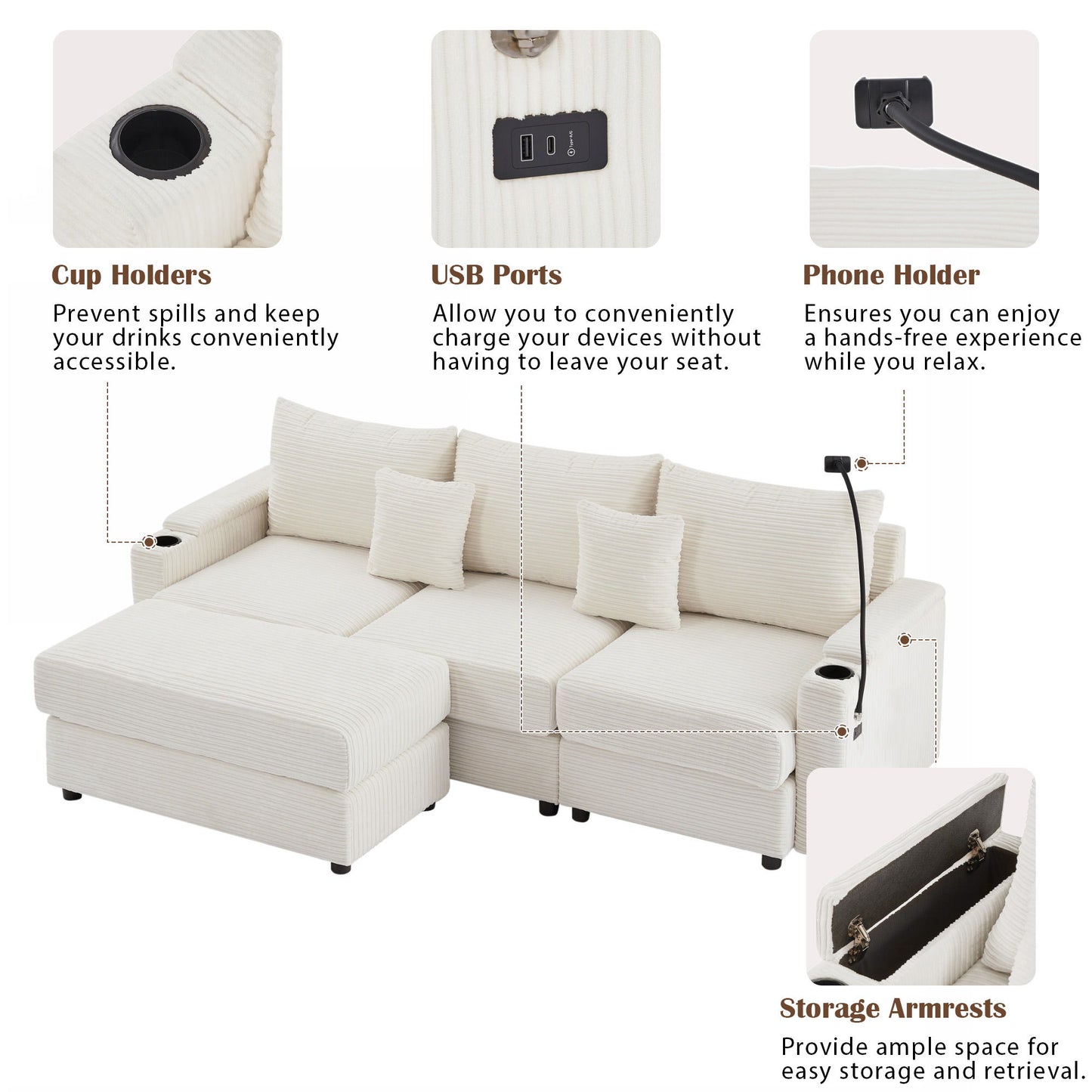 Modern Style 3 Seater Sofa Sectional Sofa Couch With Storage Space, A Movable Ottoman, Two USB Ports, Two Cup Holders, A Phone Holder For Living Room - Beige