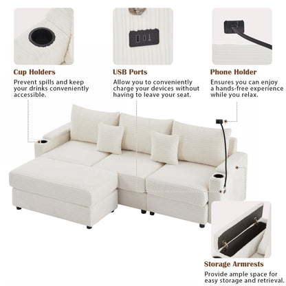 Modern Style 3 Seater Sofa Sectional Sofa Couch With Storage Space, A Movable Ottoman, Two USB Ports, Two Cup Holders, A Phone Holder For Living Room - Beige