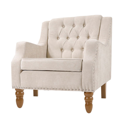 Accent Chair, Living Room Chair, Footrest Chair Set With Vintage Brass Studs, Button Tufted Upholstered Armchair For Living Room, Comfy Reading Chair For Bedroom, Reception Room - Beige