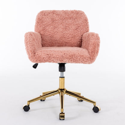 Office Chair, Artificial Rabbit Hair Home Office Chair With Golden Metal Base, Adjustable Desk Chair Swivel Office Chair, Vanity Chair - Pink