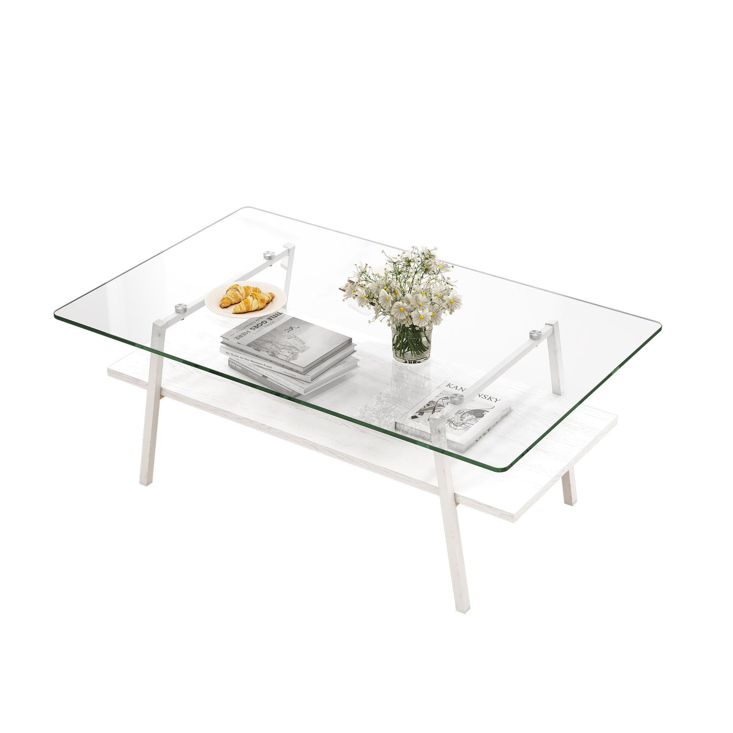 Rectangle Coffee Table, Tempered Glass Tabletop With Metal Legs, Modern Table For Living Room - Transparent / White