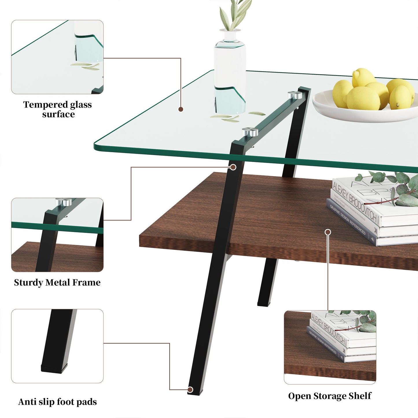 Rectangle Coffee Table, Tempered Glass Tabletop With Metal Legs, Modern Table For Living Room, Transparent Glass - Dark Brown