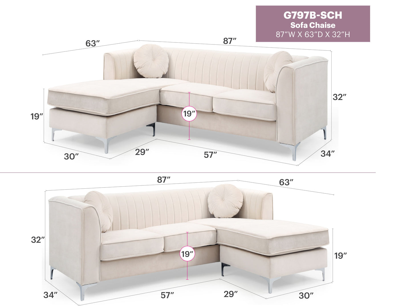 Delray - Sofa Chaise - Ivory