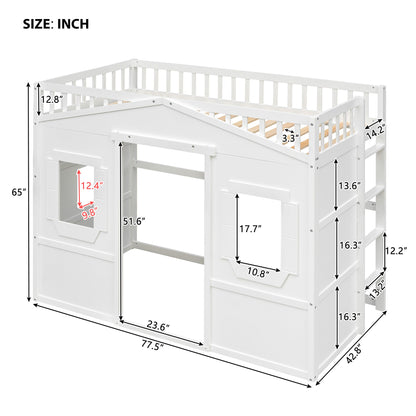 Twin Size House Loft Bed With Ladder - White