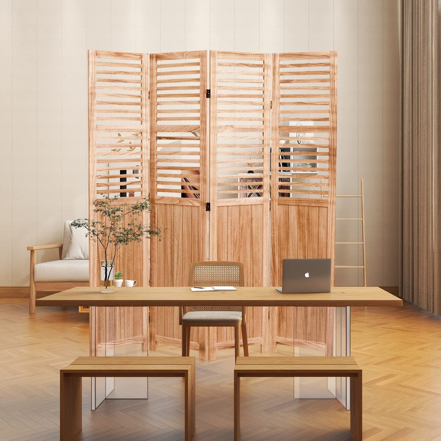 Panel Solid Wood Folding Room Divider - Natural