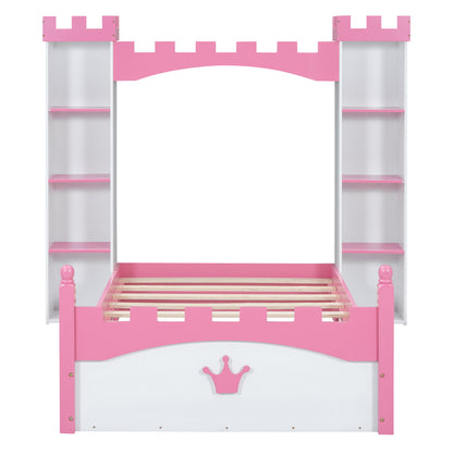 Castle Shaped Bed With Storage Shelf, Dreamy Twin Size Platform Bed For Kids Bedroom - White / Pink