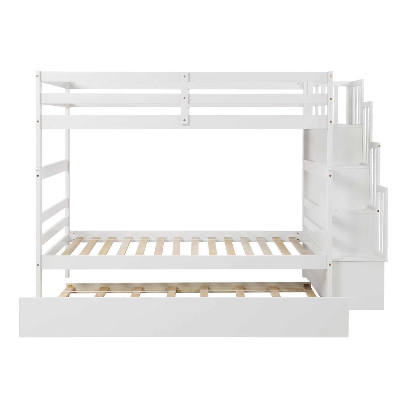 Twin Over Twin Bunk Beds With Twin Trundle And Stairway Storage Function - White