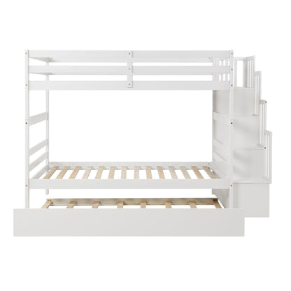 Twin Over Twin Bunk Beds With Twin Trundle And Stairway Storage Function - White