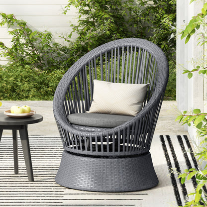 Modern Swivel Wicker Lounge Chair With Pe Rattan And Iron Frame, Round Design - Gray