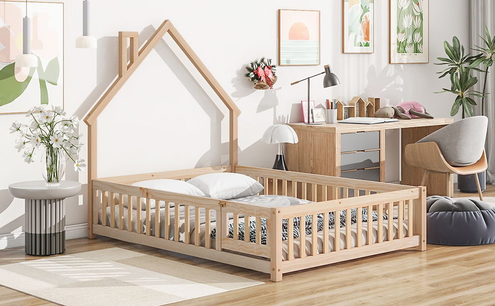 Full House-Shaped Headboard Floor Bed With Fence - Natural