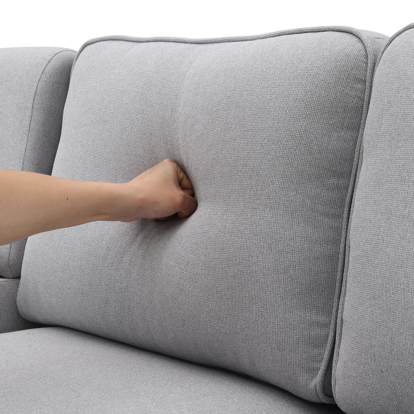Upholstered Sofa With Console, 2 Cupholders And 2 USB Ports Wired Or Wirelessly Charged, Modern Linen Fabric Couches With 4 Pillows (4 Seat) - Light Gray