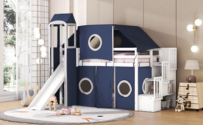 Twin Size Loft Bed With Tent And Tower - Blue