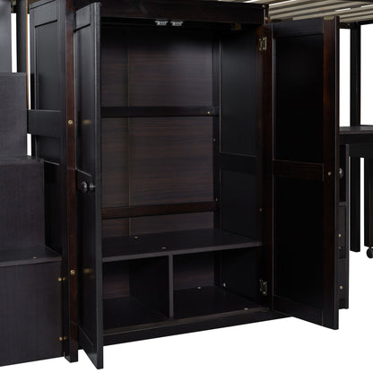 Twin Size Loft Bed With Stairs, Bookshelf, Drawers, Desk & Wardrobe, Space Saving Multifunctional Furniture - Espresso