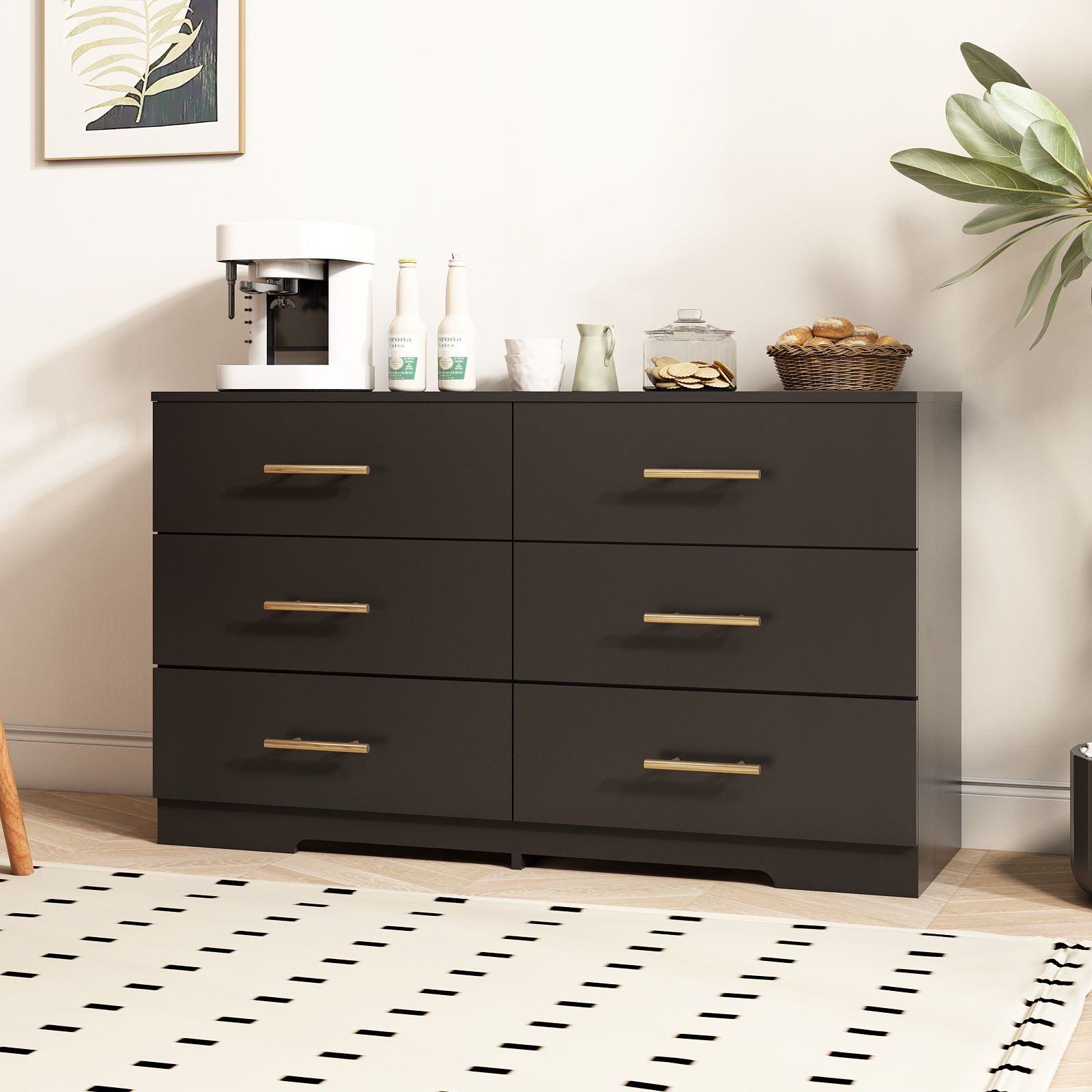 Large 6 Drawers Chest Of Drawer Dressers Table With Golden Handle - Black
