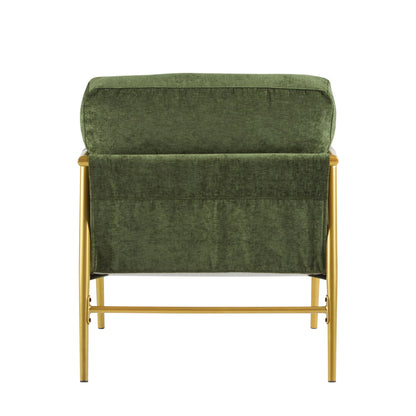 Modern Accent Chair With Plush Cushions, Minimalist Metal Frame, & Wooden Armrest Design - Gold / Green